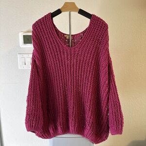 Jodifl Women's Oversized Sweater 3/4 Sleeve Knit Pink Size Large